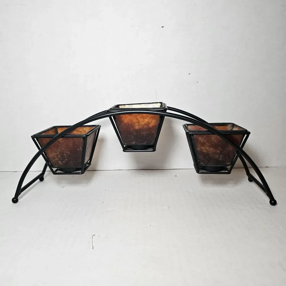 Metal Tea Light Candle Holder 3 Cups Tabletop Arch Bohemian Shabby Dark